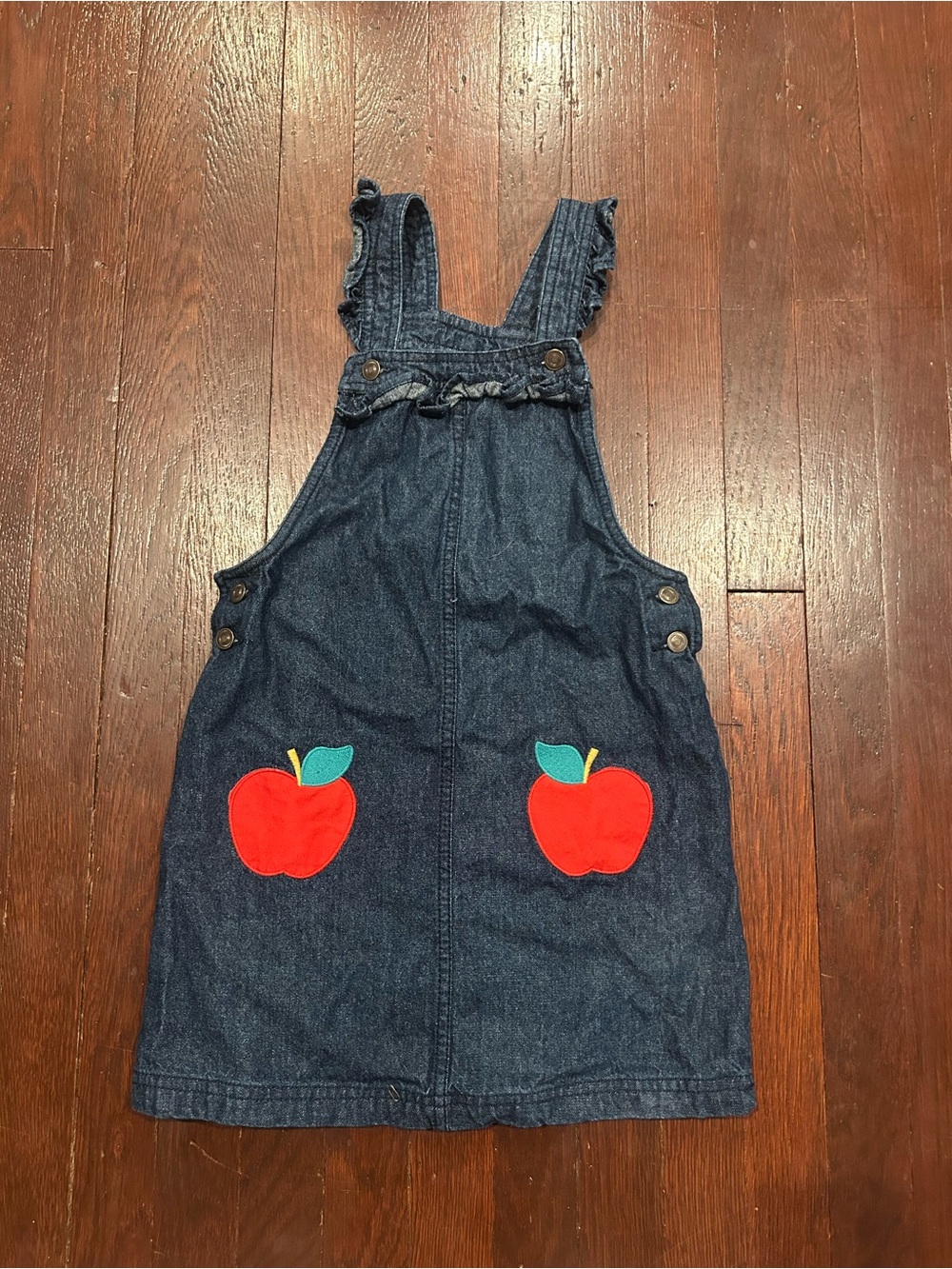 Cynthia Rowley Dark Blue Denim Pinafore with Red Apple Pockets